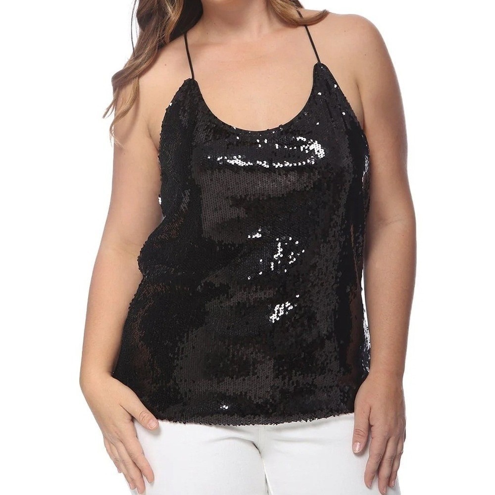 Anna Kaci Black Sequin Spaghetti Strap Tank Top Women XL NYE Holiday Party Chic